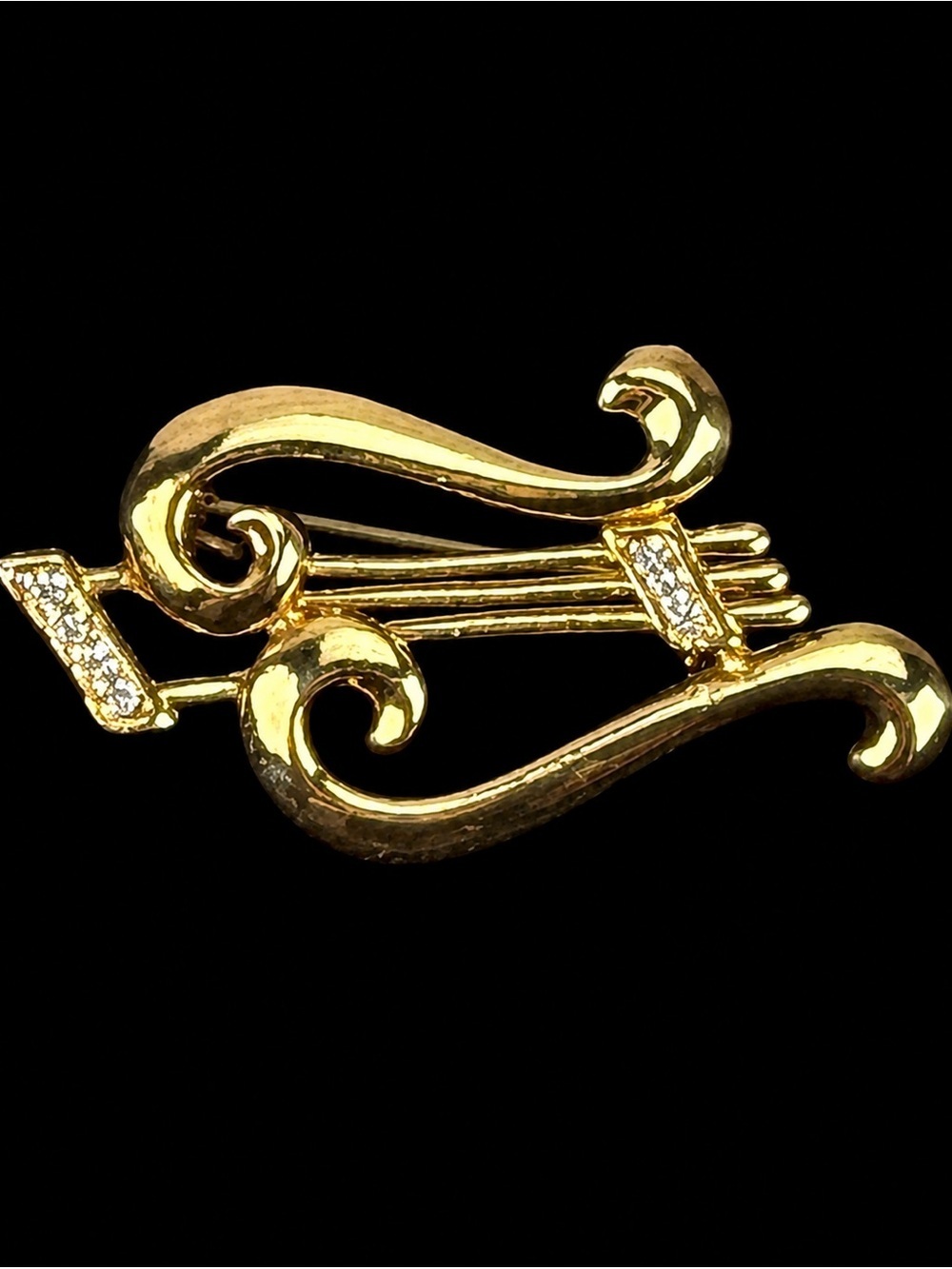 Vintage Gold Tone Music Note Brooch Clear Faceted Accents Scroll Design